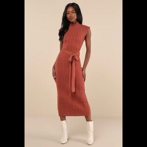 NWT LULUS Seasonal Grace Rust Orange Cable Knit Mock Neck Midi Dress